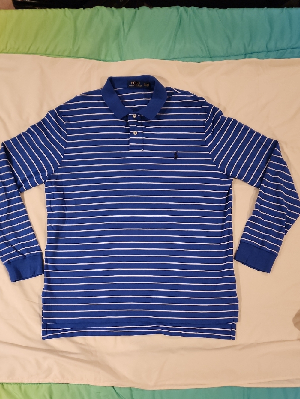 Ralph Lauren Blue & White Striped Long-Sleeve Polo.  Size XL